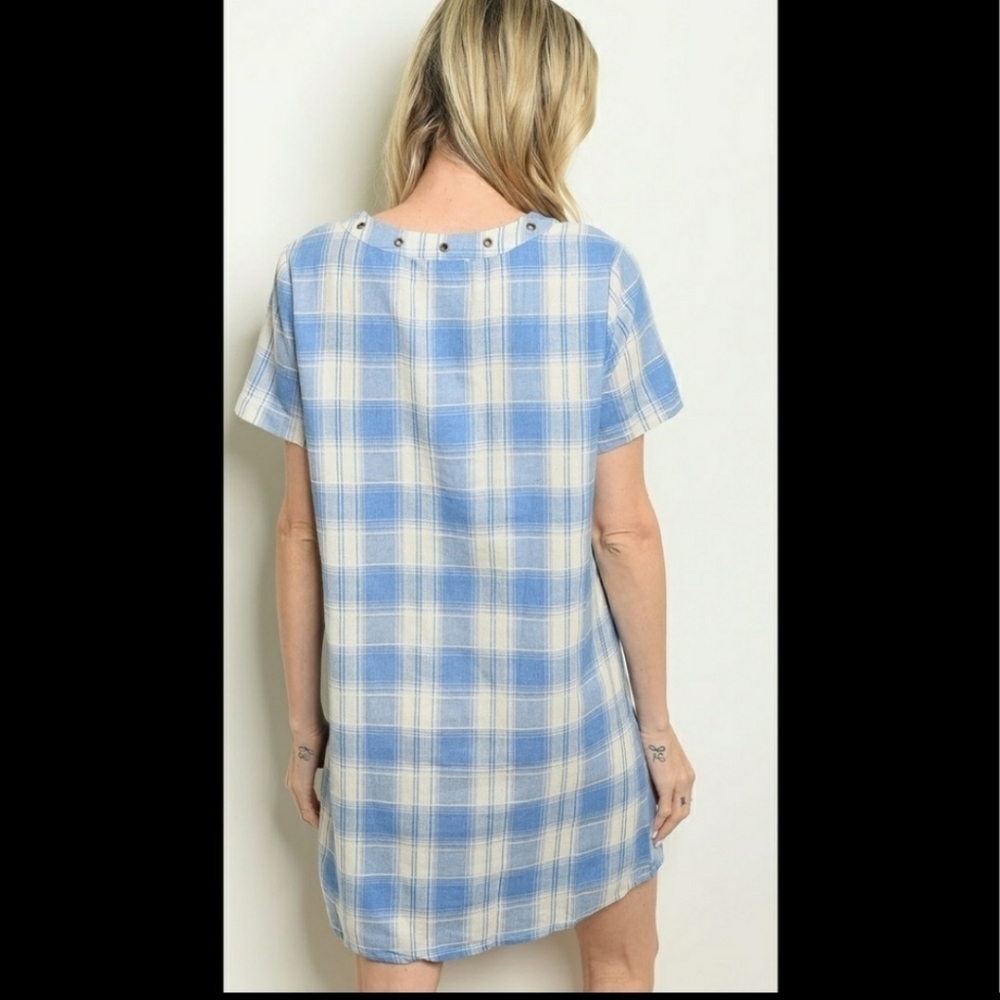 Cream and Light Blue Plaid Lace Up Dress▪︎S - Picture 2 of 6